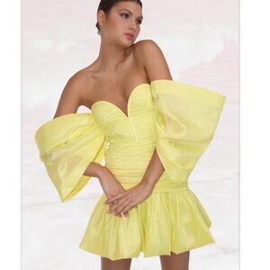 HELEN O’CONNOR Plisse Pleat Oversized Puff off the Shoulder Mini Dress Small NEW